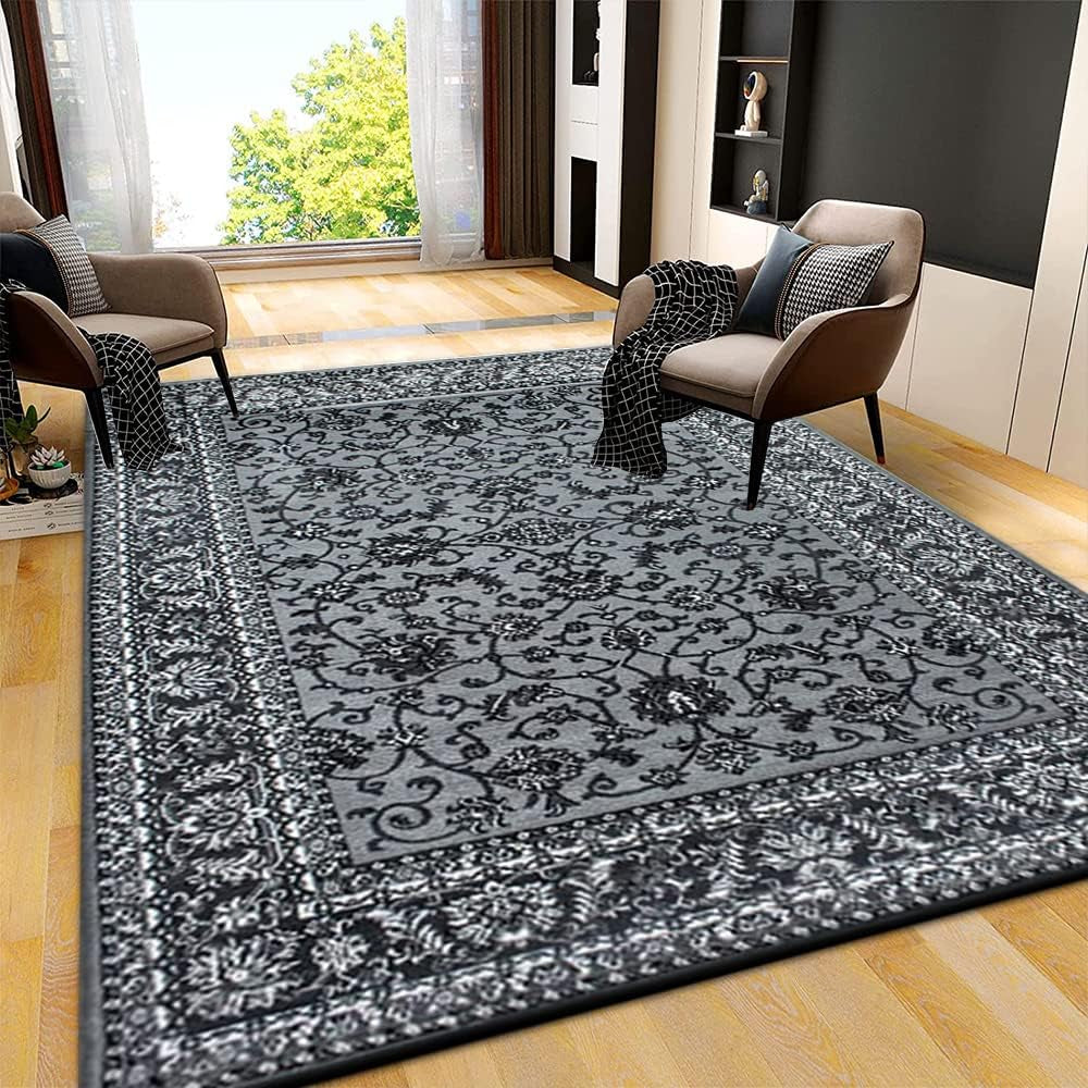 Tradiational Area Rug Carpet Mat for Living Room - Rectangle DISTRESSED Floral Pattern Vintage Non Shed Area Rug for Bedroom (200 X 290 Cm, Grey - 210)