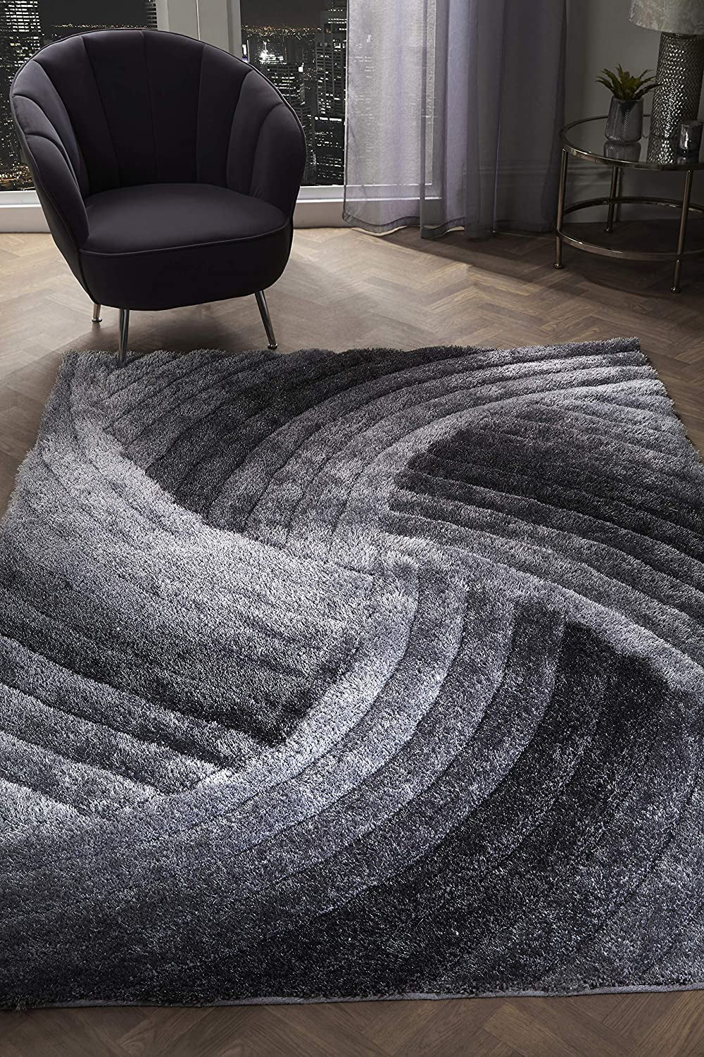3D SWIRL HEAVYWEIGHT CARVED Shaggy Rug GREY SILVER Ombre Super Plush Extra Large Rugs Living Room with SHIMMERING SPARKLE STRANDS Thick Pile Height Modern Area Rugs (160Cm X 230Cm (5.5Ft X 7.5Ft))