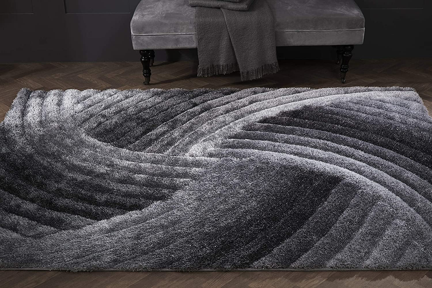 3D SWIRL HEAVYWEIGHT CARVED Shaggy Rug GREY SILVER Ombre Super Plush Extra Large Rugs Living Room with SHIMMERING SPARKLE STRANDS Thick Pile Height Modern Area Rugs (160Cm X 230Cm (5.5Ft X 7.5Ft))