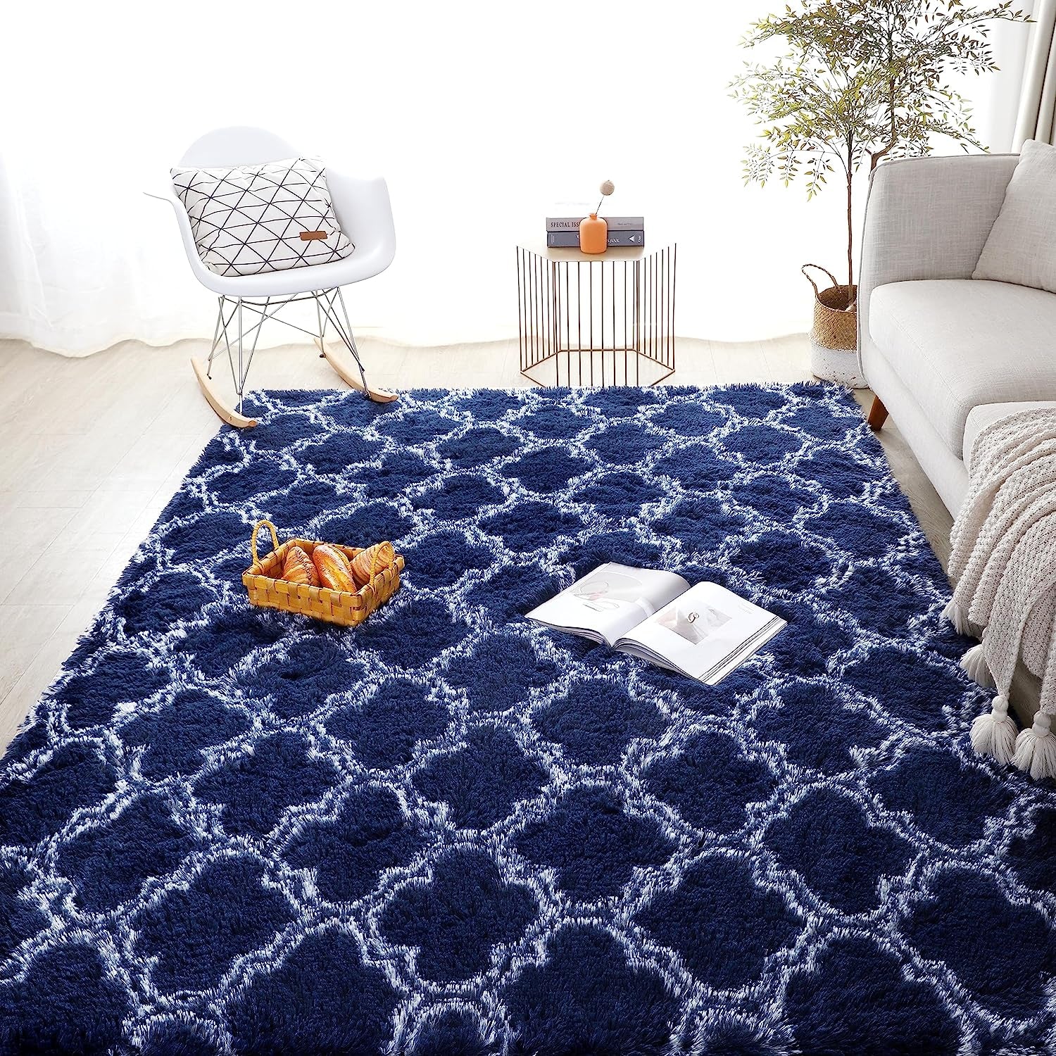 6X9 Navy Blue Carpet for Living Room Soft Luxury Bedroom Large Fluffy Plush Area Rug Shaggy Big Comfy Carpet (6X9 Feet, Navy Blue/White)