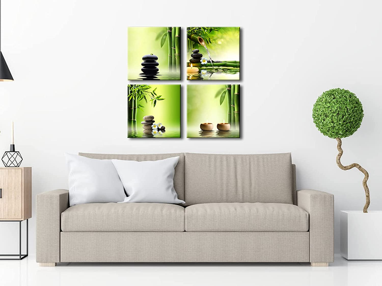 - Modern 4 Panels Stretched and Framed Contemporary Zen Giclee Canvas Prints Perfect Bamboo Green Pictures Paintings on Canvas Wall Art for Home Office Decorations Living Room Bedroom