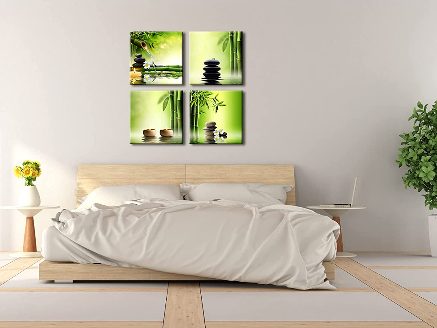 - Modern 4 Panels Stretched and Framed Contemporary Zen Giclee Canvas Prints Perfect Bamboo Green Pictures Paintings on Canvas Wall Art for Home Office Decorations Living Room Bedroom