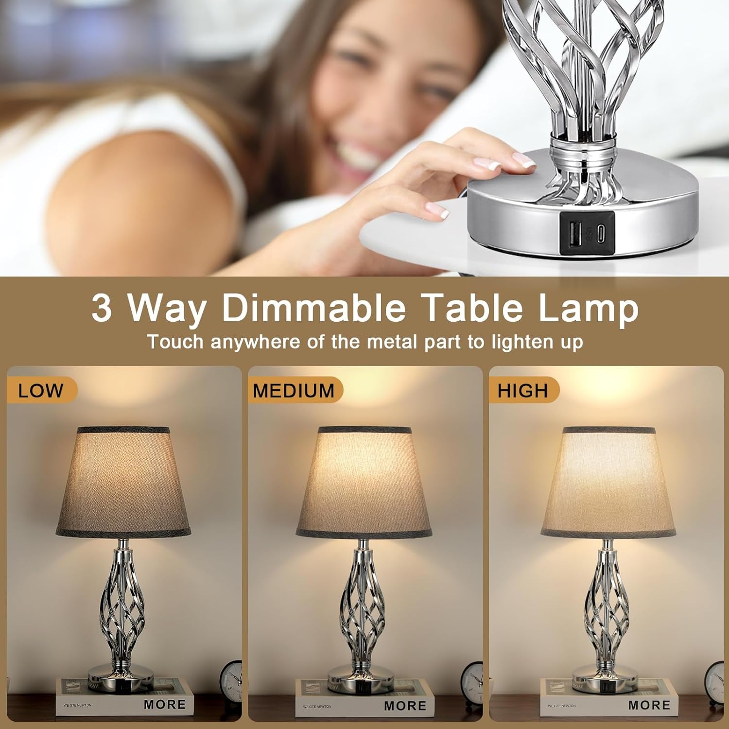 Touch Table Lamps Set of 2, Bedside Lamp with USB-C USB-A Ports, Bedroom Lamps with Grey Shade and Spiral Cage Design Base, 3 Way Dimmable Table Lamp for Bedroom Living Room and Hotel