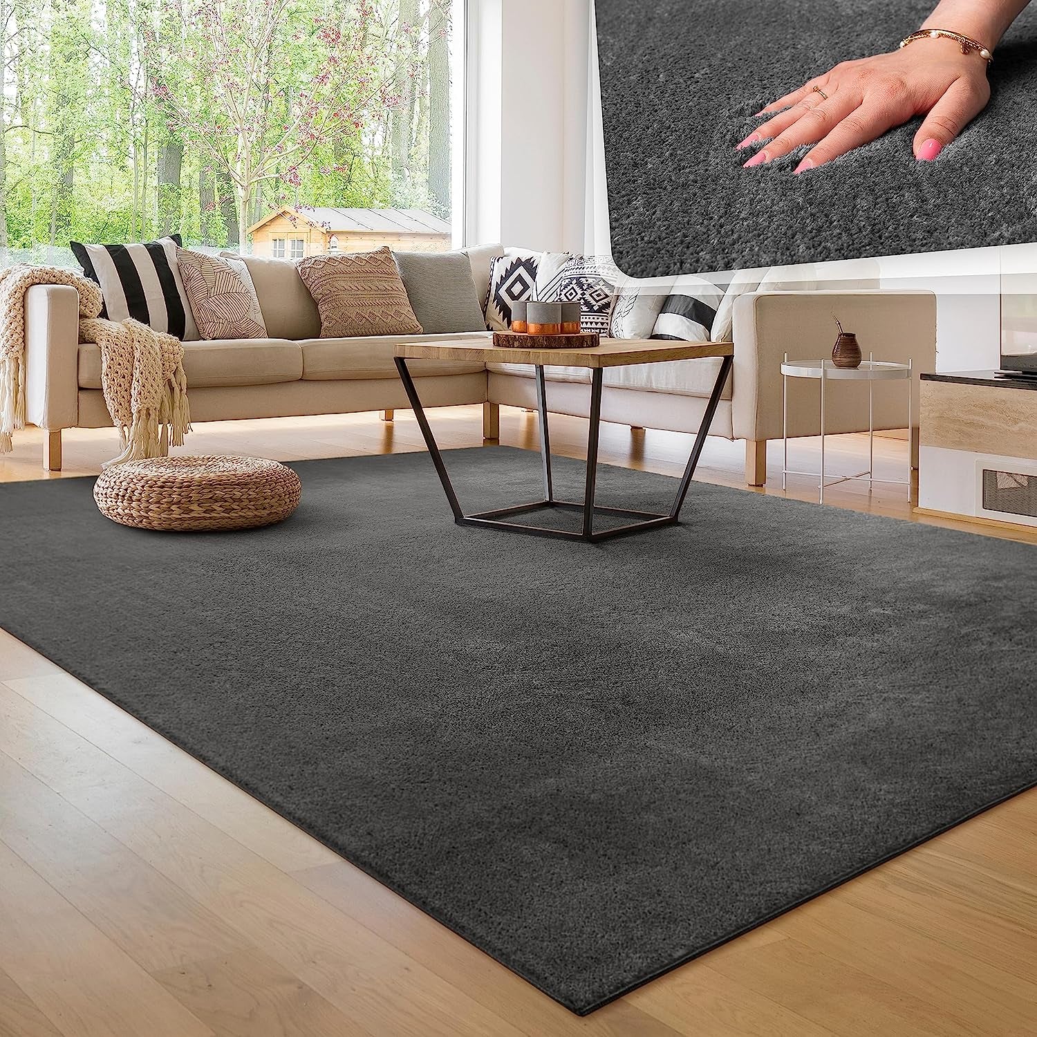 Living Room Rug Fluffy Washable in Short Pile Soft, Size:160X220 Cm, Colour:Anthracite