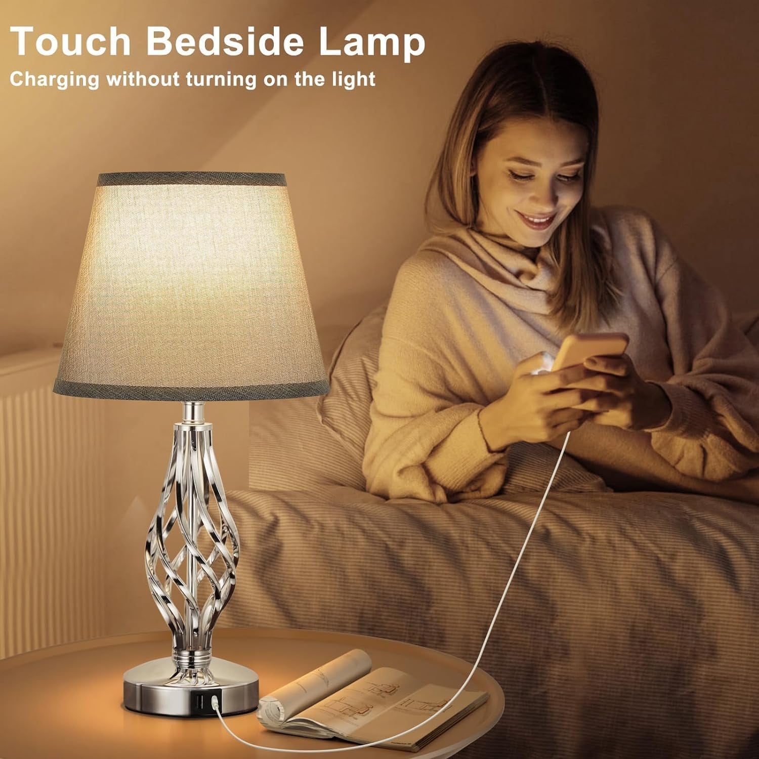 Touch Table Lamps Set of 2, Bedside Lamp with USB-C USB-A Ports, Bedroom Lamps with Grey Shade and Spiral Cage Design Base, 3 Way Dimmable Table Lamp for Bedroom Living Room and Hotel