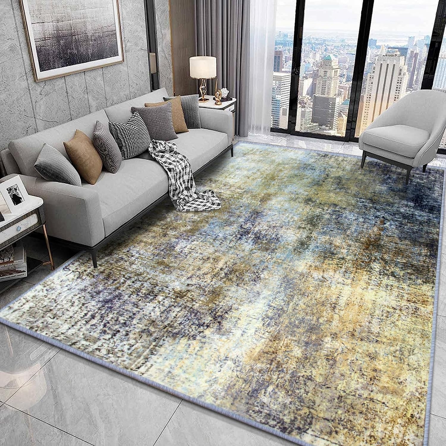 Living Room Rugs 160X230 Cm, Area Rugs for Bedroom Light Luxury Minimalist Style, Abstract Multi-Color Ink Painting Short Pile Rug, Chic Traditional Rug with Durable Anti-Slip Backing for Easy Clean